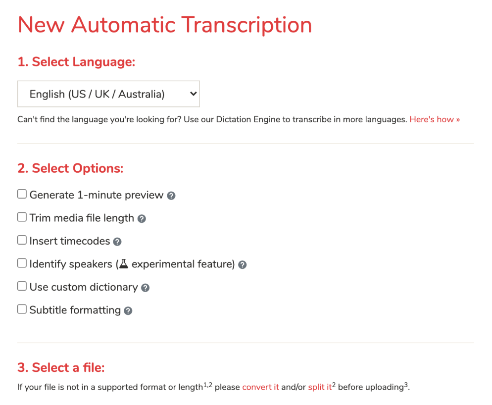Various automatic transcription options.